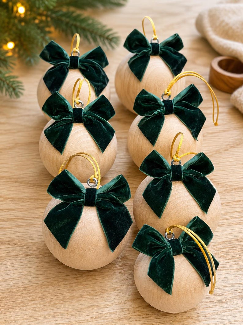May include: A set of six spherical wooden ornaments, each featuring a dark green velvet bow attached to a gold hanging cord. The natural light-colored wood grain is visible on the smooth, round surface of every individual ornament.
