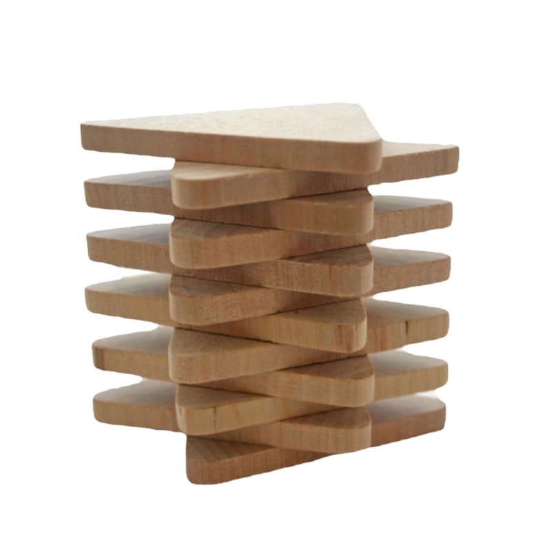 May include: A stack of ten light brown wooden triangles arranged in an alternating pattern. Each piece has a smooth, flat surface and a consistent thickness, creating a vertical tower structure with visible grain patterns on the natural wood material.