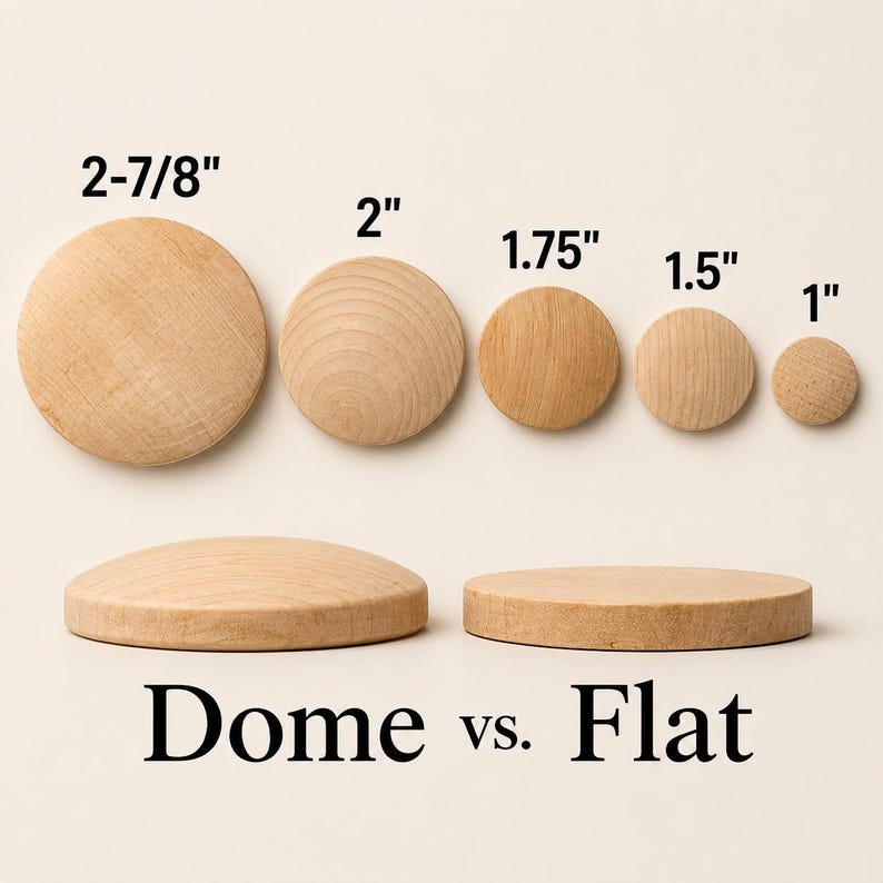 May include: Five circular light-colored wooden discs arranged in a row with diameters labeled 2-7/8", 2", 1.75", 1.5", and 1". Below, two wooden discs are shown from the side, one with a dome top and one with a flat top, labeled Dome vs. Flat.