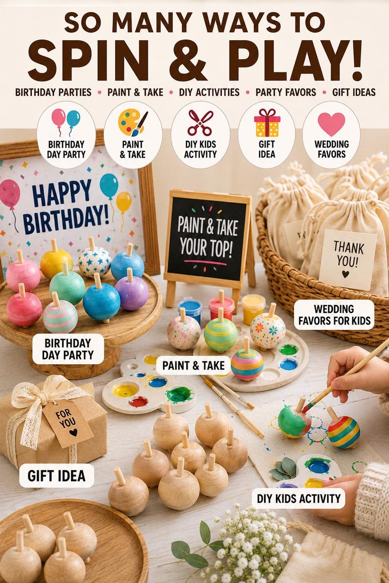 May include: A collection of wooden spinning tops in various colors and patterns, including plain wood, painted stripes, and polka dots. The set includes paint palettes, brushes, small gift bags, and signs with text like Happy Birthday and Paint & Take Your Top.