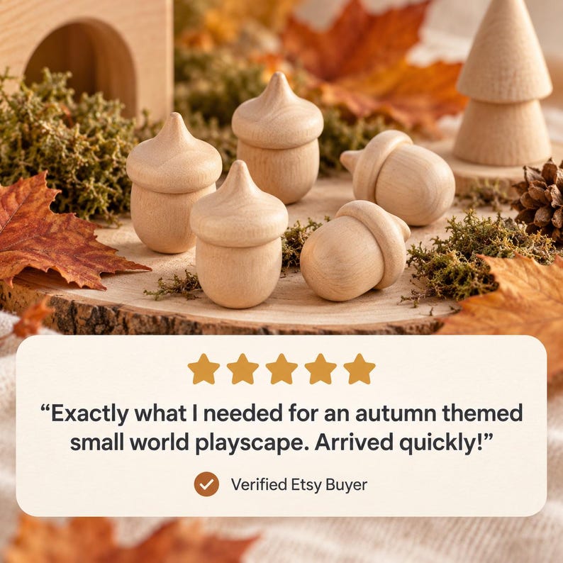 Pu&ograve; includere: Cinque figure in legno di colore chiaro a forma di ghianda con superfici lisce e cappucci arrotondati. Le figure sono disposte in un gruppo. L'immagine include una valutazione a cinque stelle e il testo: Exactly what I needed for an autumn themed small world playscape. Arrived quickly! Verified Etsy Buyer.