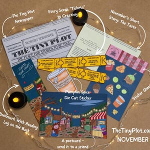 May include: A collection of paper items including a Monthly Newspaper titled The Tiny Plot, a short story titled The Taste, two yellow Darlington Valley tickets, a pumpkin spice die-cut sticker, a bookmark, a sticker sheet, and a postcard.