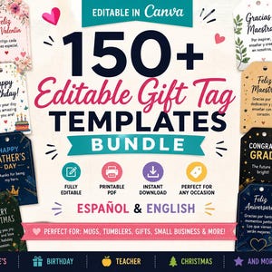 Puede incluir: Un paquete de más de 150 plantillas de etiquetas de regalo editables en inglés y español. Las etiquetas presentan diseños para el Día de San Valentín, cumpleaños, profesores, Navidad y aniversarios. Las etiquetas son editables y perfectas para regalos.