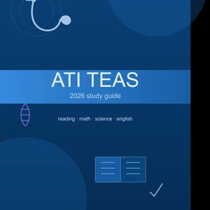 Op de afbeelding: Een donkerblauwe studiegidsomslag met de titel ATI TEAS 2026 study guide. De tekst bevat reading, math, science, english en test of essential academic skills. Grafische elementen zijn een stethoscoop-icoon, een boek en een vinkje.