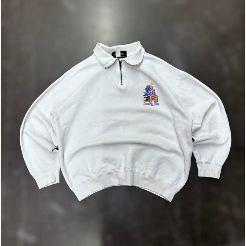 Vintage Disney Originals Disneyland Quarter Zip Sweatshirt White USA Made Large imagen 1