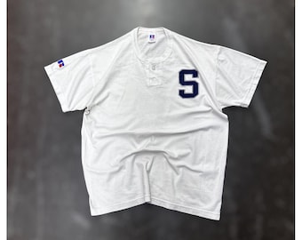 Vintage Russell Athletic NuBlend Henley T-Shirt Mens M White Letter S USA Tee