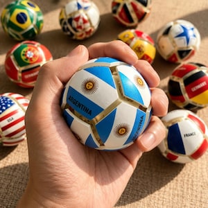 以下が含まれることがあります： 中央に太陽の紋章が描かれ、ARGENTINAの文字がプリントされたアルゼンチンの国旗デザインの球体パズルおもちゃ。このオブジェクトは、青いアクセントが付いた複数の白いプラスチック製のパーツが組み合わさって構成されています。