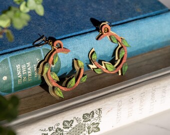 Hand Painted Leaf Wreath Hoop Earrings: Laser Cut Wood & Brass