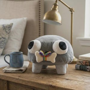 May include: A gray plush toy with large white eyes and black pupils, a bone-shaped bow tie with rainbow ribbon, and four small legs. The toy is on a wooden surface, with a blue mug and books in the background.