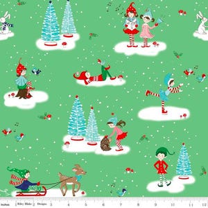 May include: A whimsical Christmas-themed fabric with a green background. The design features cartoon elves, snow, Christmas trees, and woodland creatures. The elves are dressed in red, blue, and green outfits. The fabric has a playful and festive feel.