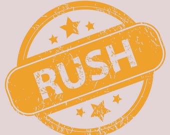 May include: A yellow round stamp with the word "RUSH" in white letters and five white stars around the edge.