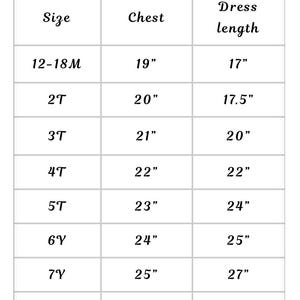 May include: Size chart for children's clothing with measurements in inches for chest and dress length. Sizes range from 12-18 months to 12 years.