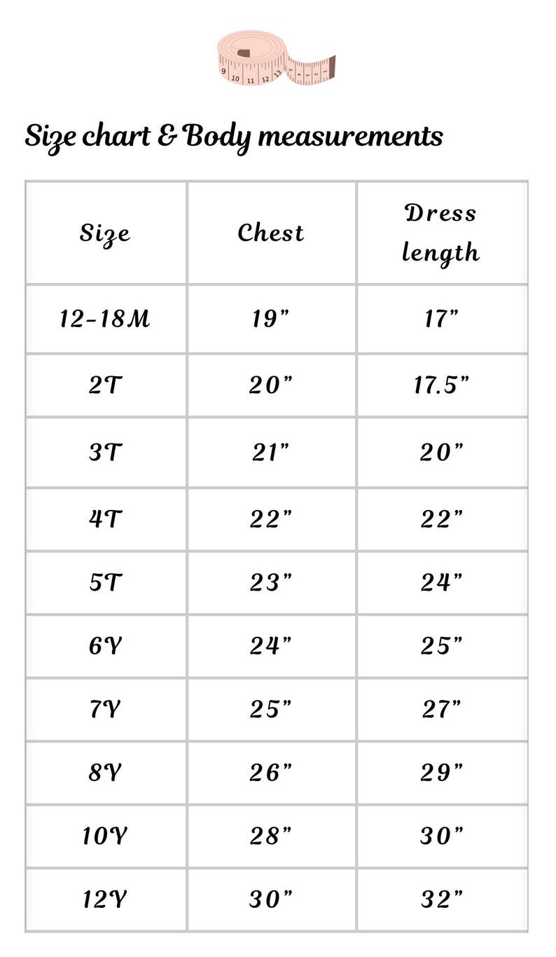 May include: Size chart for children's clothing with measurements in inches for chest and dress length. Sizes range from 12-18 months to 12 years.