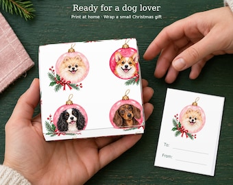 Printable Christmas Dog Wrapping Paper & Matching Gift Tags, Pink PDF Set
