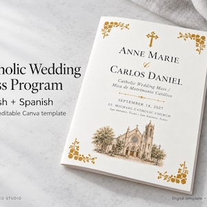 May include: A white Catholic wedding mass program featuring gold floral corner accents, a gold cross, and a detailed illustration of a church. The text reads Anne Marie and Carlos Daniel, September 14, 2027, at St. Michael Catholic Church.
