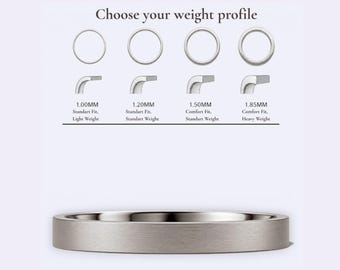 May include: A silver-toned metal ring with a brushed finish. Above the ring, a chart titled Choose your weight profile displays four ring cross-sections with labels: 1.00MM Standart Fit Light Weight, 1.20MM Standart Fit Standart Weight, 1.50MM Comfort Fit Standart Weight, and 1.85MM Comfort Fit Heavy Weight.