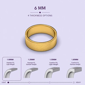 The image is a visual representation of different ring sizes, ranging from 1mm to 1.85mm, with corresponding ring weights. The image includes three ring designs, each with a different ring size and weight, allowing viewers to compare the ring sizes and weights.