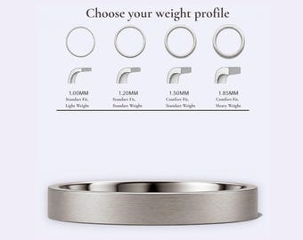 May include: A silver-toned metal ring with a brushed finish. Above the ring, a chart titled Choose your weight profile displays four options: 1.00mm Standart Fit Light Weight, 1.20mm Standart Fit Standart Weight, 1.50mm Comfort Fit Standart Weight, and 1.85mm Comfort Fit Heavy Weight.
