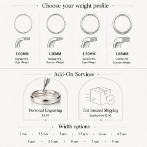 various ring sizes and width options, along with their corresponding prices.