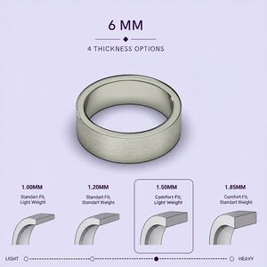 a silver ring with different thicknesses, ranging from 1.00mm to 1.85mm, and provides corresponding descriptions of the ring's standard fit, comfort, and standard weight.