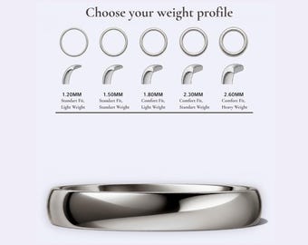May include: A silver-toned metal ring displayed below a chart titled Choose your weight profile. The chart illustrates five ring profiles with widths of 1.20mm, 1.50mm, 1.80mm, 2.30mm, and 2.60mm, labeled with fit and weight descriptions including Standart Fit and Comfort Fit.