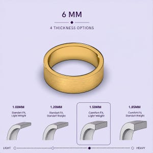 a gold ring with different thicknesses, ranging from 1.00mm to 1.85mm, and provides corresponding descriptions of the ring's standard fit, light weight, and comfort fit.