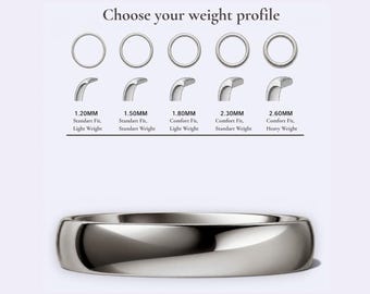 May include: A silver-toned metal ring displayed below a weight profile chart. The chart shows five ring profiles with widths of 1.20mm, 1.50mm, 1.80mm, 2.30mm, and 2.60mm, labeled with fit types including Standart Fit, Comfort Fit, Light, and Heavy Weight.
