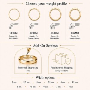 various options for selecting a weight profile for a ring, including standard and comfort fit, as well as different widths for the ring. It also includes add-on services such as personal engraving and fast insurance shipping.