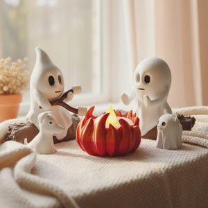 Peut inclure: Une scène d'Halloween avec des figurines de fantômes blancs, une figurine de petit chien et un bougeoir rouge et orange avec une flamme jaune. La scène est posée sur une couverture crème près d'une fenêtre.