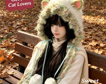 Gorro de crochê artesanal com orelhas de gato em branco e verde, estilo cottagecore, ideal para o inverno (presente para ela)