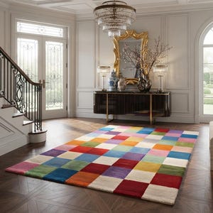 Tappeto geometrico colorato, tappeto patchwork multicolore, tappeto moderno e contemporaneo, tappeto per soggiorno in stile artigianale, arredamento boho per la casa