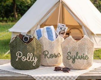 Gepersonaliseerde gehaakte strandtas, handgemaakte draagtas, cadeau bruidsmeisje, huwelijksgunst, zomervakantie