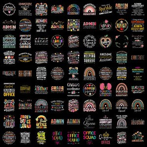May include: A digital collection of graphic designs on a black background featuring various phrases related to administrative assistants, office staff, and office squads. The designs include colorful typography, rainbows, hearts, flowers, and icons.