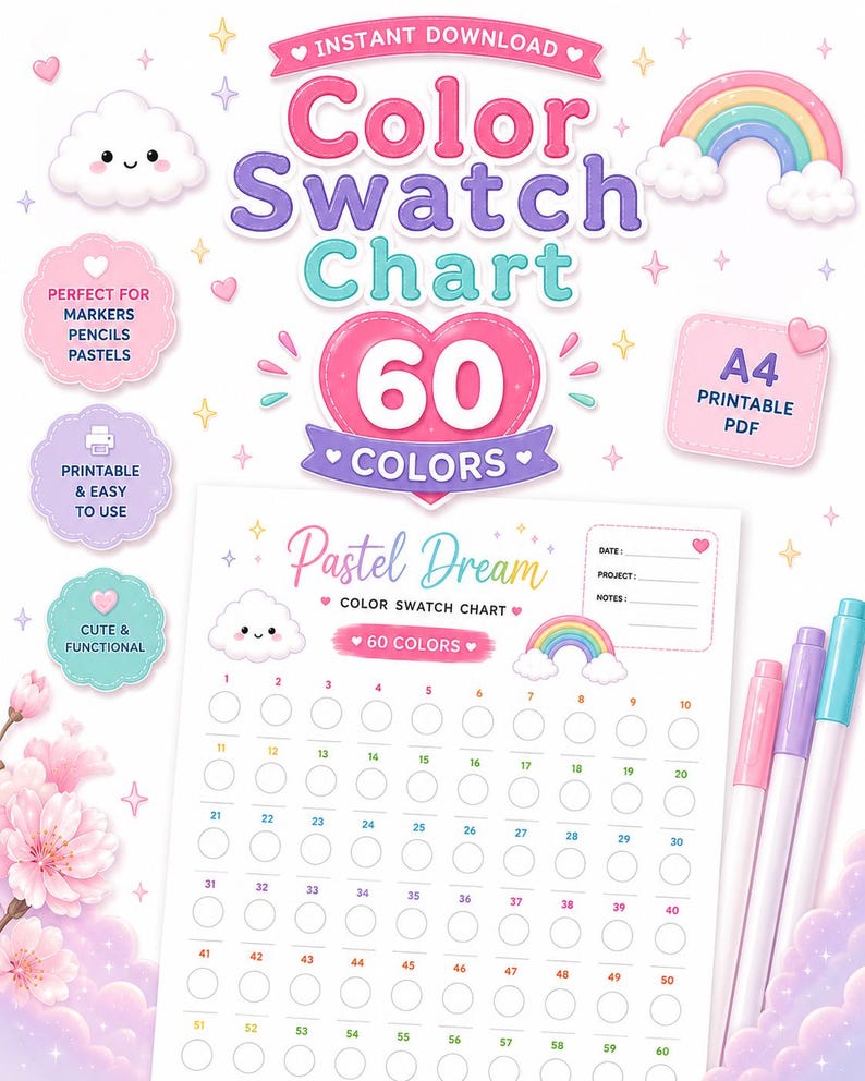 Color Swatch Chart: Printable PDF, 60 Blank Color Palette Tracker, A4 ...