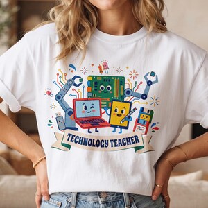 Technology Teacher PNG, Retro Tech Clipart, Kawaii Coding Teacher Graphic, Back to School Teacher Shirt Design, Instant Download