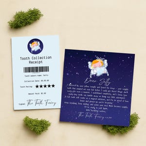 May include: A Tooth Fairy receipt and a note on a starry background. The receipt has a fairy graphic, a barcode, and reads "Tooth Collection Receipt." The note says "Dear Sally" and includes a message from the Tooth Fairy.