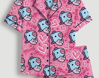 BT21 Mang Pajamas Set - Cute Purple Kpop Sleepwear for Women - Short Sleeve & Shorts PJ Set - Soft Cotton Summer Pjs - Gift for BTS ARMY
