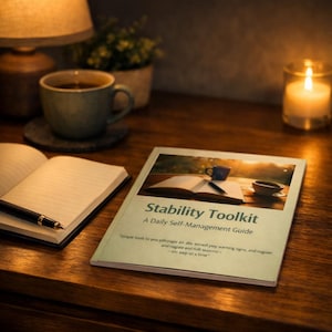 Op de afbeelding: Een softcover boek getiteld Stability Toolkit: A Daily Self-Management Guide met een lichtgroene kaft. De kaft bevat een foto van een open boek, een pen en een koffiekopje op een houten ondergrond. De tekst is in het donkergroen.