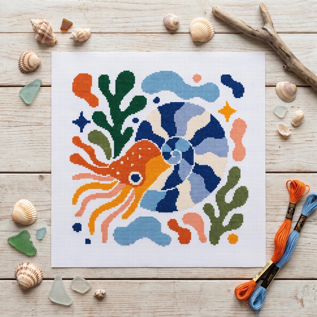 Modern Nautilus Cross Stitch Pattern | Ocean Marine Life Embroidery ...