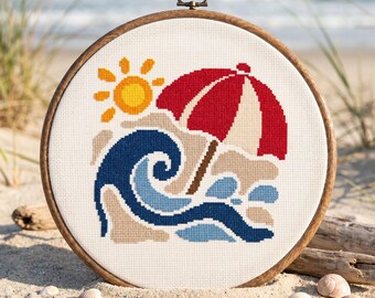 Beach Cross Stitch Pattern | Ocean Waves, Sun, Umbrella (PDF Download)