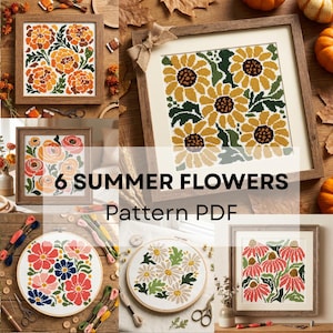Op de afbeelding: Een verzameling van zes kruissteek borduurpatronen met diverse bloemmotieven, waaronder zonnebloemen, goudsbloemen en madeliefjes, weergegeven in houten lijsten en borduurringen met de tekst 6 SUMMER FLOWERS Pattern PDF.
