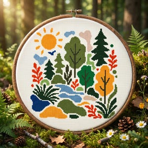 Schema per punto croce Paesaggio forestale / Arte popolare moderna, Sole, alberi, fiume (Download PDF)