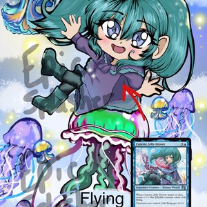 May include: An anime-style illustration featuring a character with teal hair and a purple outfit, labeled "Jellyfish" and "Flying." The character is depicted with a jellyfish-like design, surrounded by other jellyfish. A card with the text "Cynette, Jelly Drover" is also visible.