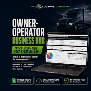 May include: A laptop displaying an Owner-Operator Profit Dashboard with financial data, charts, and tables. The screen shows revenue, expenses, and profit metrics. Text includes Owner-Operator Business Hub, Track Every Mile, Keep Every Dollar.