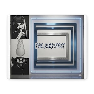 May include: Canvas art print featuring black and white portraits and a snowman illustration. The central design includes a square frame with the text "THE JB3ZY3FFCT" in blue, surrounded by a neon blue light.