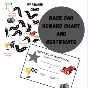 May include: A black and white race car reward chart with a certificate. The chart features a race track design with a start and finish line, a race car, and a trophy. The certificate has a star, a trophy, and a race car.