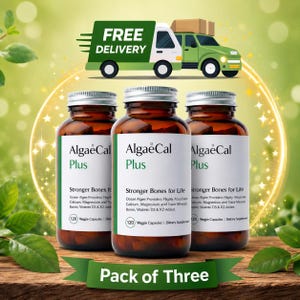 May include: Three amber glass bottles of AlgaeCal Plus dietary supplement, each with a white label featuring the text AlgaeCal Plus, Stronger Bones for Life, and 120 Veggie Capsules. The bottles have silver caps and are arranged in a row.