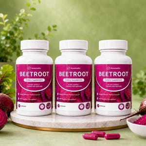 May include: Three white plastic bottles of Rosabella Beetroot dietary supplement capsules. Each label features a magenta background with white text reading Beetroot, 30 Day Supply, 1000mg Per Serving, and 60 Capsules. Three magenta capsules lie in front.