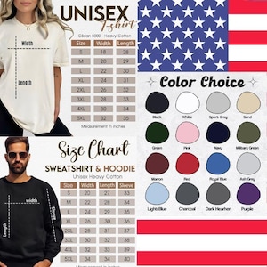 May include: A size chart for a unisex t-shirt, sweatshirt, and hoodie, featuring measurement tables in inches. It includes a colour choice palette with 16 options, ranging from black and white to various shades of blue, green, red, and purple.