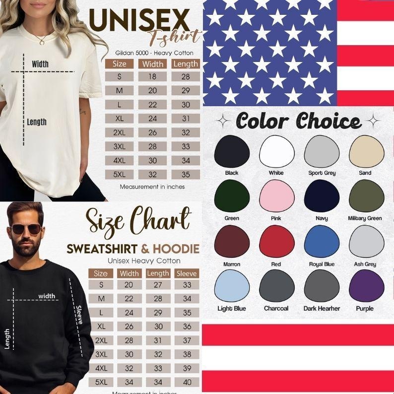 May include: A size chart for a unisex t-shirt, sweatshirt, and hoodie, featuring measurement tables in inches. It includes a colour choice palette with 16 options, ranging from black and white to various shades of blue, green, red, and purple.